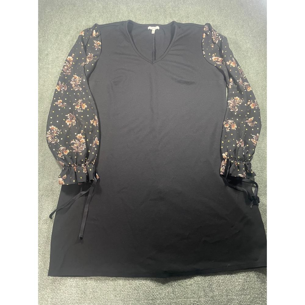 Maurices Womens XL Black V-Neck Dress Floral Sheer Balloon Sleeve Gold Dot Shift